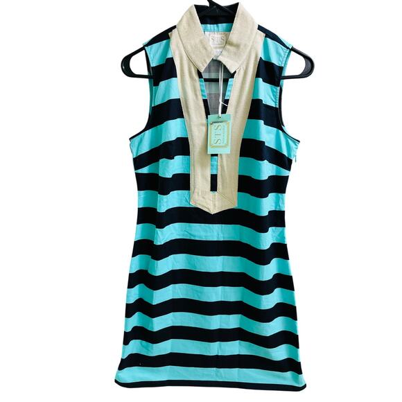 Sail to Sable Cabbage Navy Shift Dress With Gold Shimmer Neck Line NWT Size S - Picture 2 of 5